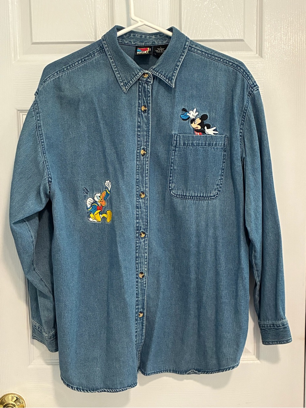 Disney Denim Button-Down Shirt with Mickey & Donald Embroidery Large